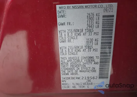 2022 Nissan Pathfinder Sv 4Wd from USA, damaged, VIN 5N1DR3BC4NC219562
